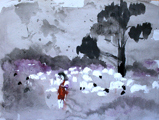 unter Schafen I, 2008, 40cm x 50cm, Aquarell, Kohle, Kreide, Papierr