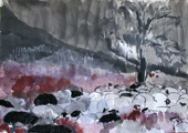 unter Schafen II, 2008, 40cm x 50cm, Aquarell, Kohle, Kreide, Papier